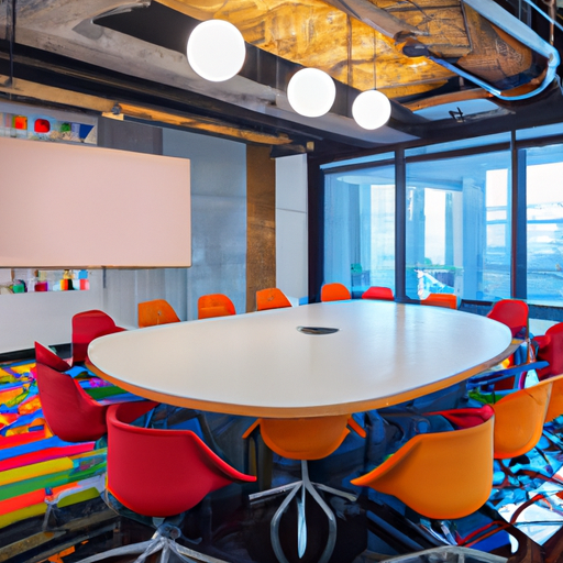 תמונה של חדר ישיבות מודרני בצבעים עזים, שפע מקומות ישיבה ושולחן ישיבות גדול.