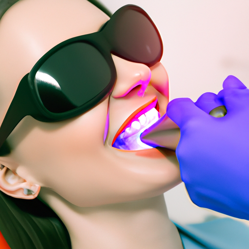 תקריב של ידיו של רופא שיניים באמצעות לייזר להלבנת שיניים של מטופל