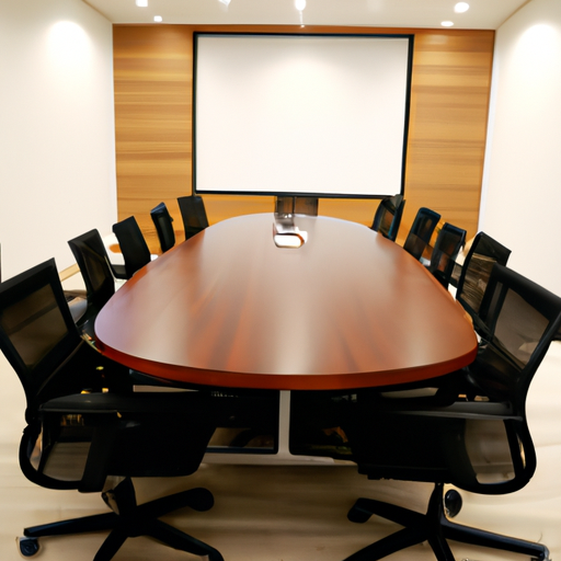 תמונה של חדר ישיבות מודרני עם שולחן גדול במרכז החדר ומספר כיסאות מסודרים סביבו.