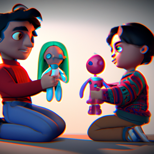 תמונה של ילד ומבוגר, שניהם שקועים במשחק עם בובות הפופ האישיות שלהם.